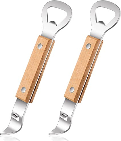 2 Pieces Magnetic Bottle and Can Openers with Wood Handle, Magnet Stainless Steel Can Punch Tappers for Beers Beverages, Suitable for Camping and Traveling