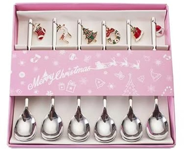 6 Stück Christmas Spoons Teelöffel Löffel Set Weihnachtsgeschirr Besteck Kaffee Löffel Edelstahl Weihnachtslöffel Weihnachts Besteck Tisch Deko (Sliver)