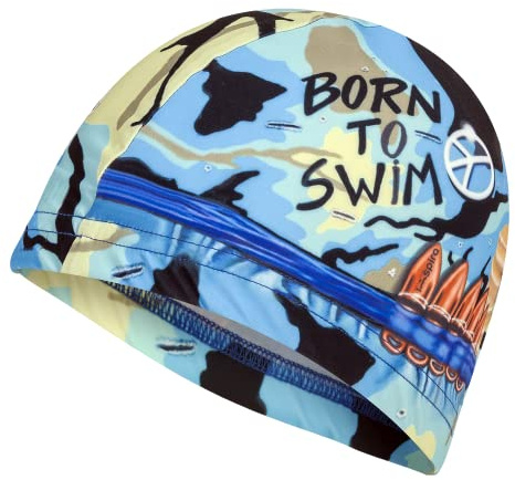 IMSPIRA gorro natacion tela adulto ninos diseño cine retro divertido born to swim camuflaje entrenamiento piscina divertido original natacion club escuela deporte acuatico aquagym piscina regalo friki