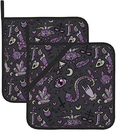 Gruselige Topflappen-Sets im Gothic-Stil, 20,3 x 20,3 cm, dick und langlebig, verbrühungssicher, wärmeisolierend, Violett / Schwarz