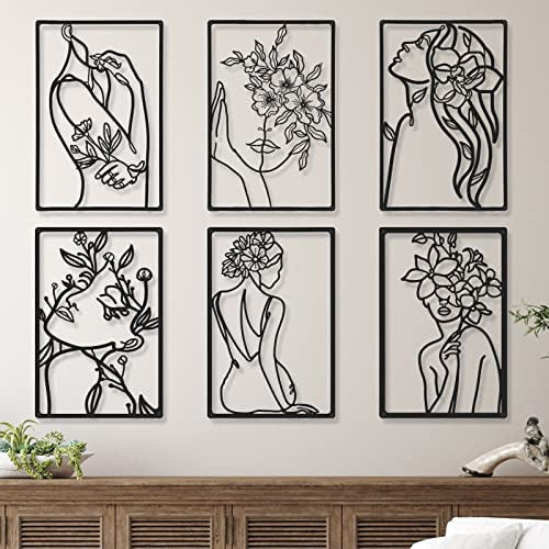 6 Stück Schwarz Metall Wanddekoration Moderne Minimalistische Abstrakte Frau Wandkunst Ästhetische Weibliche Wandskulptur Linienzeichnung Hängende Kunst Minimalistische Dekor für Küche Schlafzimmer