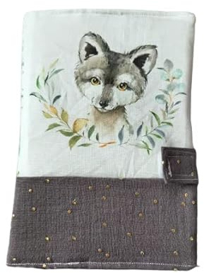 Protege carnet de santé, thème loup et double gaze gris pois doré, idée cadeau naissance,liste de naissance, fabrication française