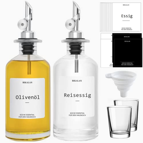 BIKALAN Essig und Ölflaschen Set, Kaffee Sirup Spender, Ölspender, Mundspülung Kaffeesirupspender Automatisches Öffnen und Schließen Olivenöl Flasche, mit 22 Aufkleber, 2 Bechern, Trichter Silber