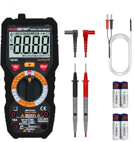 Multimetro digitale 6000 Counts TRMS Ohm Volt Amp Meter AC/DC Tensione Corrente Resistenza Diodo Capacità Frequenza Temperatura di Duty NCV con grande display LCD Retroilluminazione e torcia elettrica