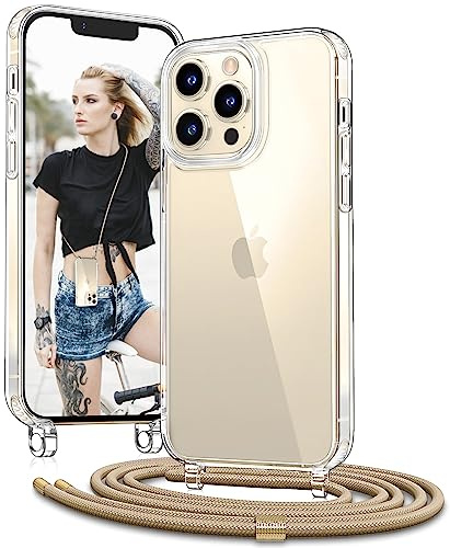 Vaykwo Handykette für iPhone 13 Pro Max Hülle mit Band, Golden | Necklace Handyhülle, Transparente Case zum Umhängen, Verstellbar und Abnehmbar