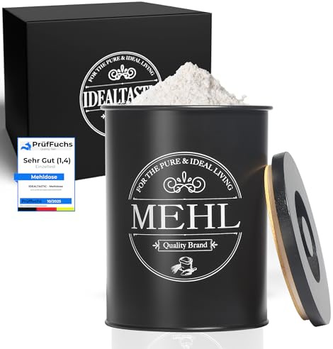 IDEALTASTIC® Premium Mehl Aufbewahrung schwarz, Luftdichte Mehldose 500g für die Küche I Robuster Mehlbehälter mit zeitsparendem Deckel, Mehlbox mit Deckel, Lebensmittelgeprüfte Vorratsdose Mehl