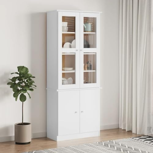 Homgoday Vitrinenschrank Bücherschrank Vitrine Schrank Bücherregal Standvitrine Aktenschrank Hochschrank Schrank für Wohnzimmer Küche Esszimmer Büro Weiß 77x35x186,5 cm Massivholz Kiefer