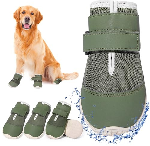 DcOaGt Dog Shoes for Large Dogs, Mesh Breathable Dog Boots & Paw Protectors for Hot Pavement Summer Winter Snow, 360° Anti-Slip Dog Booties for Hiking/Walking,Military Green 4PCS(Size 8)