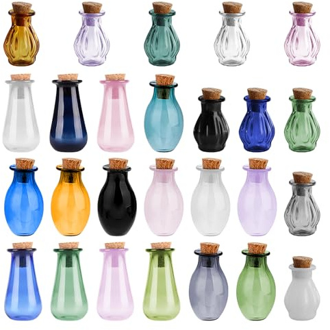 Yuqutum Lot de 26 petits pots colorés en verre avec bouchons en liège pour décoration de fête, mariage, bricolage
