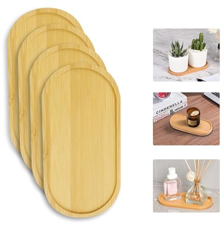 Zfseyuh 4 Stück Ovale Bambustabletts,Bambus Tablett,Wiederverwendbar Kleines Tablett für Kaffee,Dessert,Wohnzimmer,Snack 17,5 x 8,8 cm