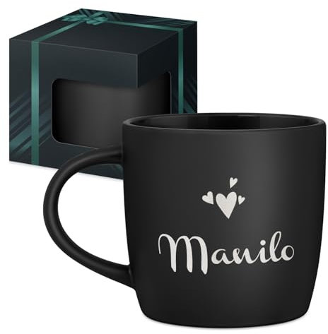 Maverton Tazza da caffè macchiato o tè in ceramica - 400 ml - Incisione personalizzata - Tazze con manico per bevande per Lui - Bicchiere da colazione per compleanno uomo - Interno nero - nome