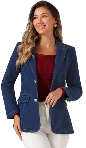 Allegra K Blazer de Solapa para Mujer y 1 Solo Pecho de Mezclilla con Hombreras Chaquetas Informales de Negocios Azul Oscuro L