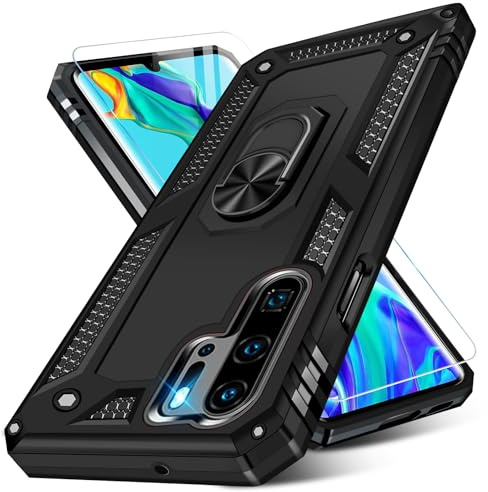 Vaki Handyhülle für Huawei P30 Pro mit 360° Metall Ring Ständer und Stoßfestem Bumper (Schwarz), Schutzfolie inklusive, 5G Kompatibilität