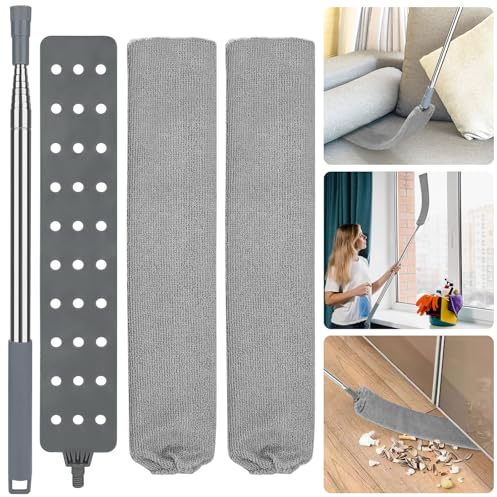 Retractable Gap Dust Cleaner with 15-98 Inch Extension Pole, Flat Duster for Under Appliances and Furniture, Includes 2 Washable Microfiber Pads for High Ceilings and Hard to Reach Spaces