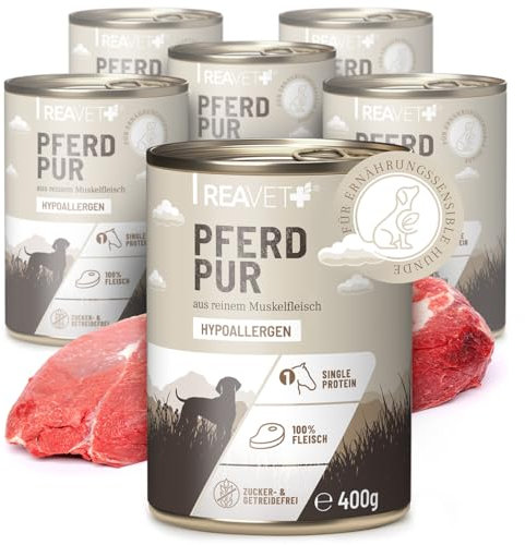 ReaVET Premium Hunde Nassfutter - Pferd Pur 6 x 400g I Reines Muskelfleisch, Hypoallergen, ohne Getreide & Zusätze, Hundenassfutter sensitiv für Allergiker