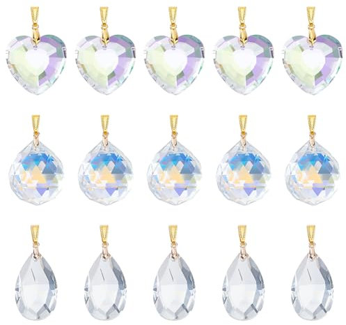 AHANDMAKER 15Pcs Crystal Ball Prism Pendants, 3 Styles Clear Suncatcher Rainbow Pendants Maker, Round & Heart & Teardrop Glass Crystal Hanging Ornaments for Window Lamp Home Office Garden Decoration