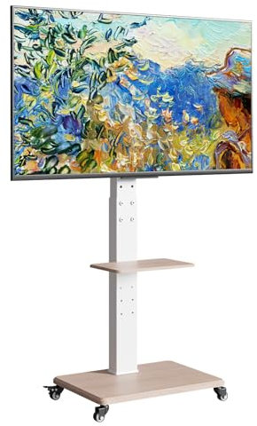 Neothm TV Bodenständer Rollbar mit Holzablage TV Standfuß schwenkbar TV Ständer Fernsehstand mit Rollen höhenverstellbar für 32 bis 65 75 Zoll Flachbildschirm bis zu 50kg 30° Drehung (weiß)