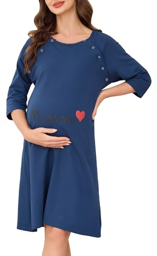 Vlazom dam nattlinne dam pyjamas sommar nattkläder mammakläder dam födelse amningsnattskjorta med genomgående knappslå, Stil C-koboltblå, M