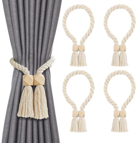Fzyisw 4 stycken magnetiska gardinomtag – boho-stil gardinhållare med fransar och träpärlor – stark magnetisk gardinhållare för vardagsrum, sovrum, balkong