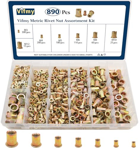 Vifmy Metric Rivet Nut Assortment Kit, 890Pcs M3-M12 Zinc Plated Rivnuts