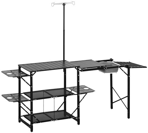 Outsunny Tavolo da cucina da campeggio a 3 livelli Tavolo da campeggio pieghevole portatile con ripiani di stoccaggio lavello supporto per lampada e borsa da trasporto per esterni, 173 x 52 x 80 – 174