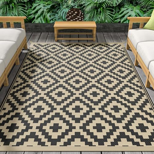 Generisch Indoor- & Outdoor-Teppich 270x360cm groß wetterfest balkonteppich Reversible Geometrie Kunststoff Strohmatte UV-beständig Campingteppich Picknickteppich, Schwarz beige
