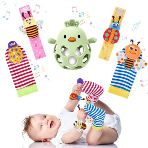 MCGMITT Giocattoli Dentizione Neonato – Massaggiagengive con Sonaglio, Calzini e Bracciali Sonori Set Montessori per Neonati 0-12 Mesi Senza BPA Morbido e Colorato Regalo per Battesimo o Baby Shower