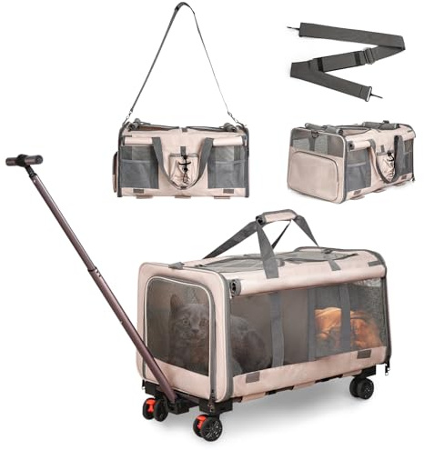 Grand chariot de transport pour animaux de compagnie avec roues pour chiens de taille moyenne et chats de toutes races, séparateur amovible intégré pour 2 chats, sac de transport pliable pour chat 60