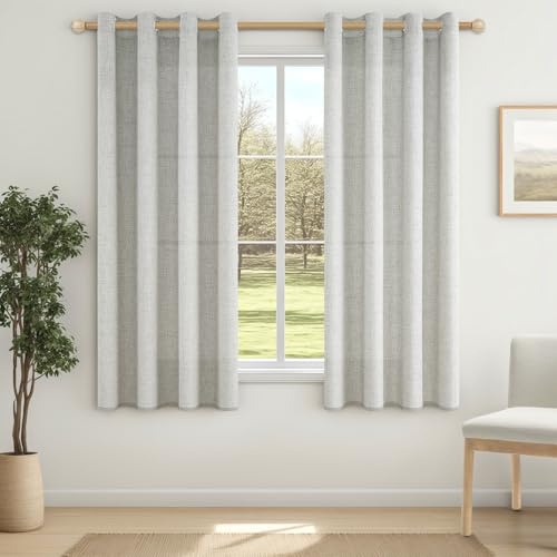 MRTREES Leinen Gardinen Halbtransparent Kurz Fenster Vorhang Leinenoptik mit Ösen 160 cm Lang, 140 cm Breit, Vorhänge Ösenschal 2er Set für Küche Wohnzimmer Schlafzimmer, Eierschalenweiß