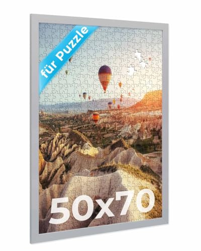 PHOTOLINI Bilderrahmen 50x70 Silber, Puzzle Rahmen 70x50 Holz MDF mit Acrylglas, Bilderrahmen Puzzle 1000 Teile 50x70 zum Aufhängen, Puzzlerahmen 500-1000 Teile - ideal für Galerie