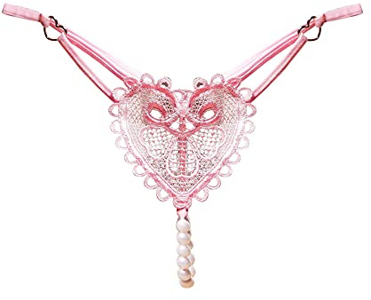 Générique Culotte Femme Dentelle Transparente String Sexy et Shorty sous-vêtements Lady Lingerie Fine Tanga Cœur Perles Femme String Dentelle Romantique Culotte Érotique Basse Taille Luxe Rose
