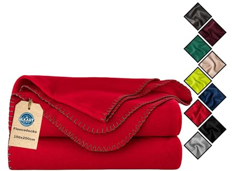 HLKauf Fleecedecke 150x200 cm Kuscheldecke flauschig, knitterarme und atmungsaktive Couchdecke HLKauf-Block (Rot & HLKauf-Block)