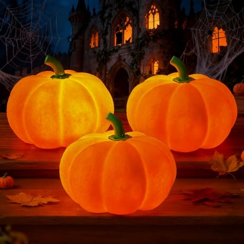 Sunshine smile 3PCS Halloween Deko,Leuchtende Kürbis Deko,LED Kürbis,Herbstdeko Outdoor,Herbstdeko LED,Kürbis Lichter,Halloween Lantern,Pumpkin Decoration,für Tischdeko,Party,Garten,Schlafzimmer Deko