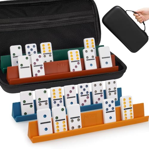 NiToy Doppel-6 Dominosteine Set für Erwachsene, 28 Holzsteine (5,08 x 2,54 x 0,71 cm) und 4 Silikon-Domino-Ständer (25,4 x 3 x 3 cm), Klassisches Domino-Spiel mit Tragbarem Etui, ideales Familienspiel