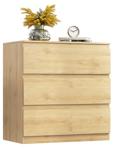 WLIVE Kommode mit 3 Schubladen, Moderner Schubladenschrank, Eiche | 40T x 70B x 73H cm, Glatter Metallschiene, Komodenschrank, für Schlafzimmer, Wohnzimmer, Flur
