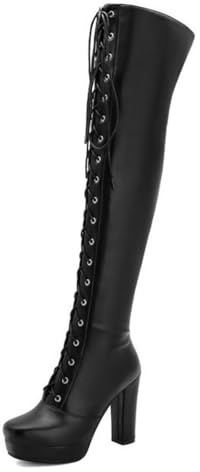 GHSIRUEU Botte Hautes Femme Talon Bloc Bottes À Lacets Longues d'hiver Chaudes,Noir,45 EU