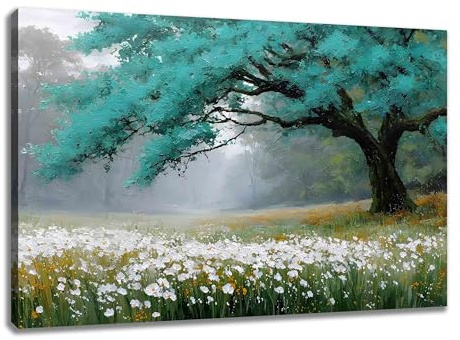 Kunstbruder Deko-Bild Der Traumbaum 80x120 cm – Türkis Weiß Farben, ausdrucksvolle Kunst, modernes Leinwandmotiv für Wohnzimmer oder Büro