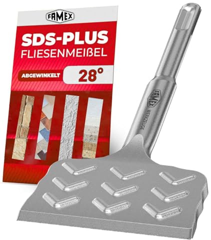 FAMEX 8342 SDS-Plus Ciseau à carrelage 165 mm, bord de coupe extra large de 75 mm, coudé pour enlever facilement les carreaux, acier haute performance