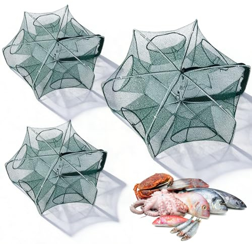 Demlaka 3 Stück Fishing Köderfischreuse: Fischernetz Köderfalle, 6 Löche Cast Mesh Trap, Tragbare Nylon Fischernetzfalle, Faltbarer Fischreuse für Fischfang Fischreuse Garnelen und Krabben