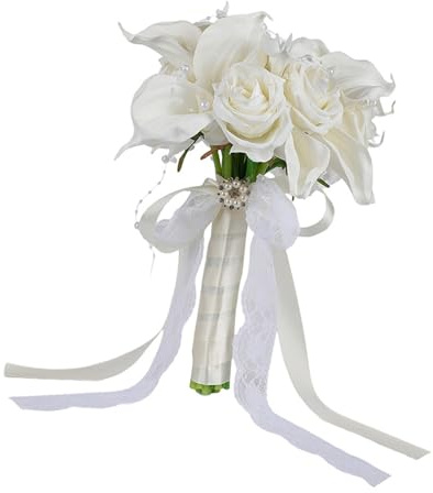 Tmboryuu Seta realistica con calle bouquet da sposa Decorazione robusta portatile Robusto in PU Decorazioni per la casa Matrimonio artificiale Bianco