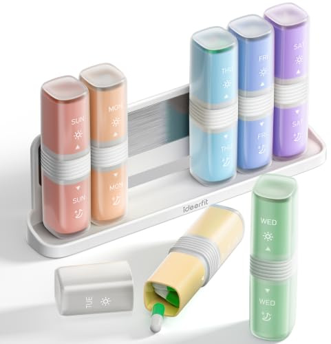 IDEERFIT Magnetisk pillerask 7 dagar 2 × daglig veckodosering med avtagbara dagslådor tablettlåda resa fuktskyddad BPA-fri färgglad för kylskåp vägg skrivbord