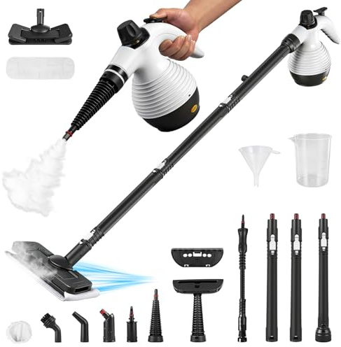 Pulitore a vapore portatile 2‑in‑1 & scopa a vapore, pulitore a vapore multiuso 7‑in‑1 | 1050W, Vapore caldo 135°C, Serbatoio acqua 350ml per pavimenti, tappeti, imbottiti, bagno, pulizia inte