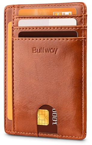 Buffway Schlanke minimalistische Fronttasche RFID-blockierende Ledergeldbörsen für Damen und Herren, Alaska Braun, S, minimalistisch