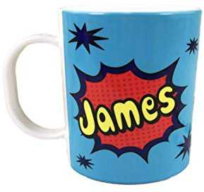 The Supreme Gift Company Personalised POW Blue Superhero Children’s Mug – 11oz BPA-Free Polymer Mug with Custom Name – Unbreakable Kids Comic Cup, Microwave & Dishwasher Safe