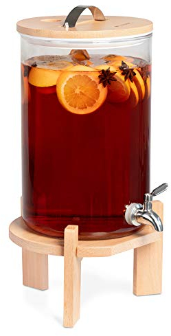 Navaris Dispenser Bevande in Vetro 7l - con Rubinetto Coperchio e Stand in faggio - Distributore erogatore Acqua bibite Calde Fredde - Drink Dispenser