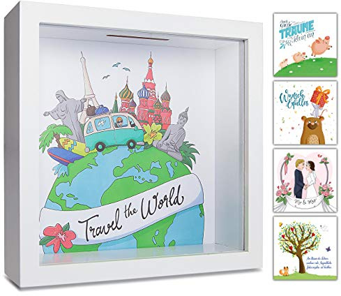 GLÜCKSWOLKE – Salvadanaio Adulti I Fondo di Viaggio I Vacanze Cassa I Mappamondo I Travel Fund I I Regalo a Scopo del Risparmio I Regali di Viaggi I 3D Cornice per Foto Legno I Travel the World