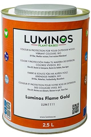 Luminos LUM1111 - FLAME GOLD - Lasur al Agua basado en Biopolimeros. Protector Para Madera Exterior - Naranja Oro 2.5L