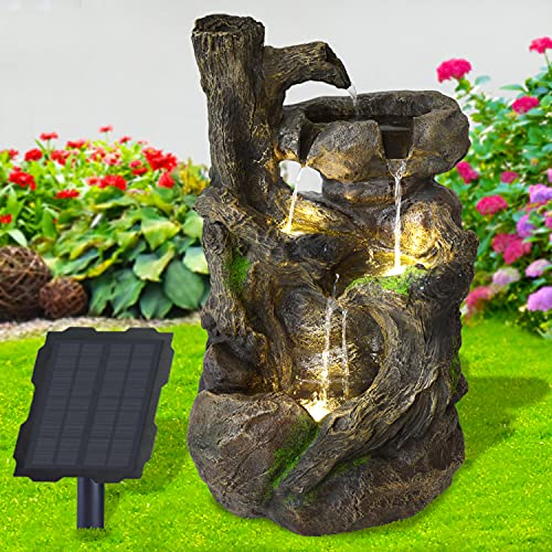 Solar Gartenbrunnen Brunnen Zierbrunnen Zimmerbrunnen Springbrunnen Brunnen mit LED-Licht und Li-Ion-Akku Wasserfall Wasserspiel (Solar Gartenbrunnen BAUMWURZEL & Stein-Kaskade mit LED-Licht)
