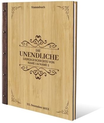 Stammbuch Gravur individuell Bambus Cover mit Echtleder Rücken inkl. vorgedruckte Seiten und Klarsichthüllen DIN A4 (240 x 310 mm) - Liebesgeschichte