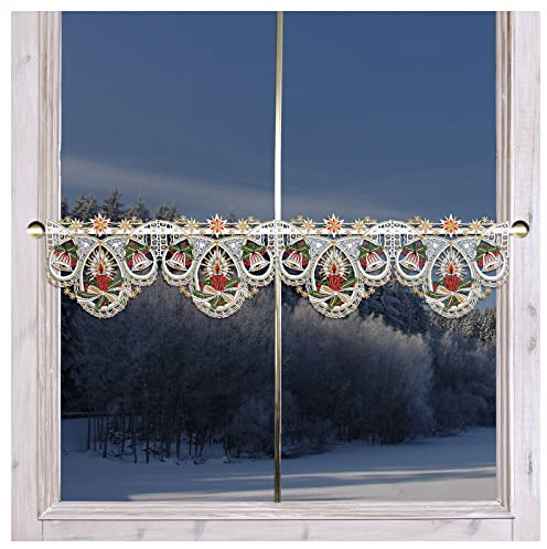 Winter-Feenhausgardine Weihnachtsfeeling | Scheibenhänger mit strahlender Adventskerze Weihnachts-Glocken und goldenen Sternen aus Plauener Spitze Lurex | 16,5 cm hoch, vielen Breiten